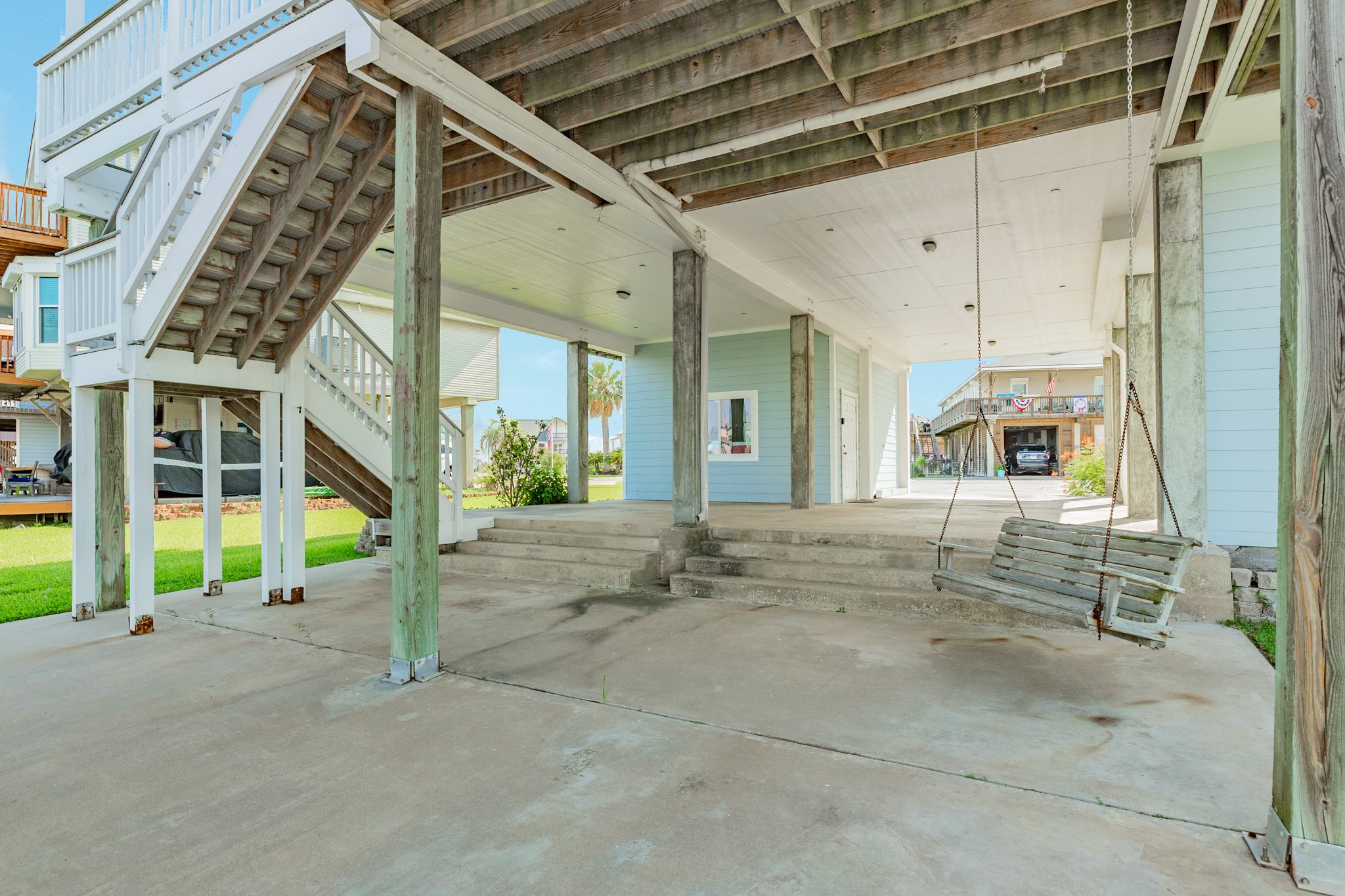 View through the patio area looking towards Admiral Circle.