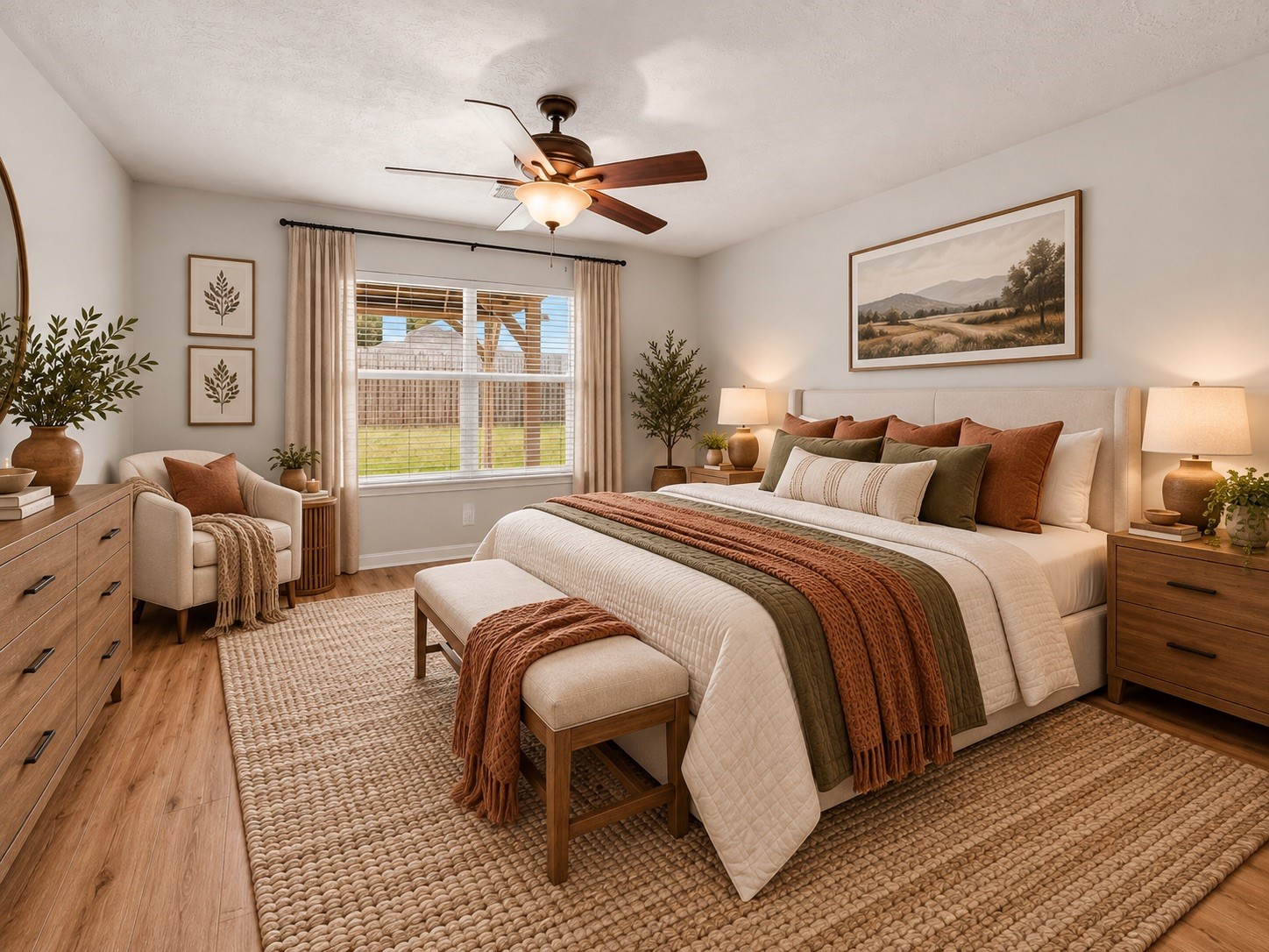 Virtually staged primary bedroom showcases a spacious layout with warm flooring and natural light.
