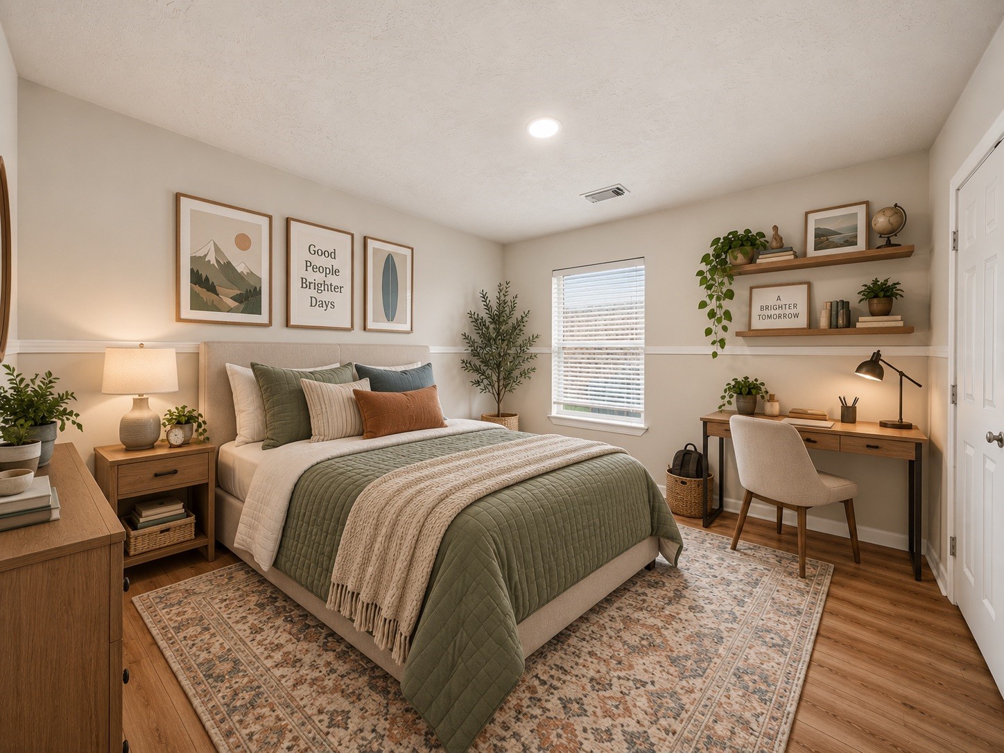 Virtually staged secondary bedroom highlights a comfortable layout with plenty of space for furnishings.