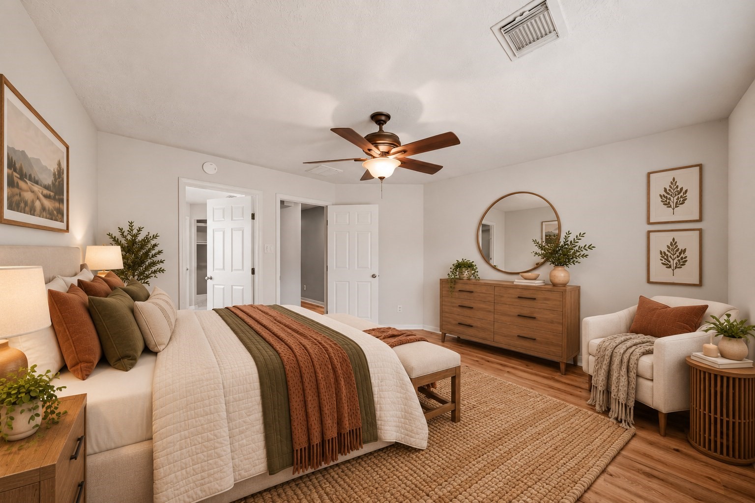 Virtually staged view highlights the primary bedrooms generous size and double-door entry to the bath.