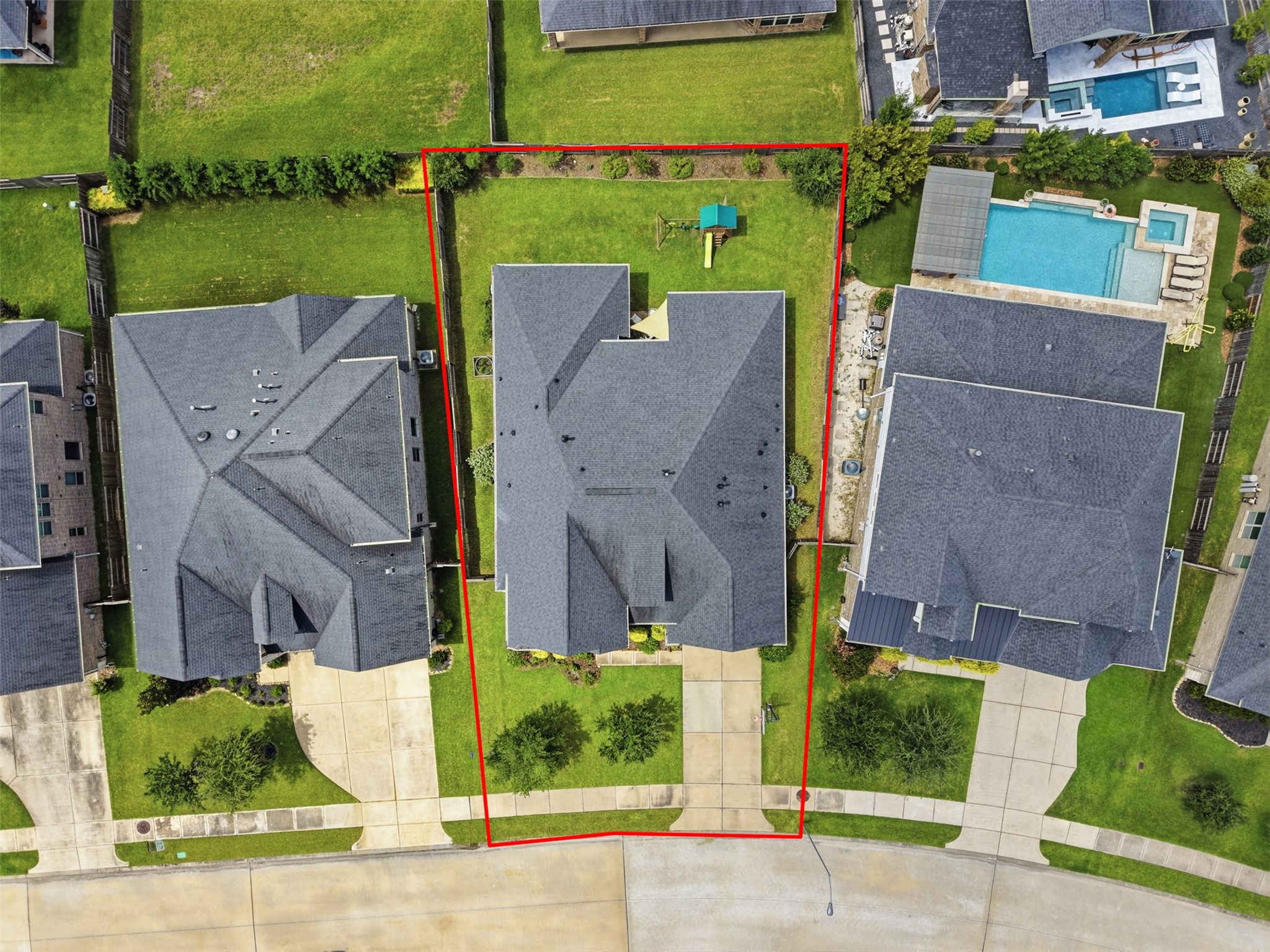 Bird's-eye view highlighting the home's location within the community.