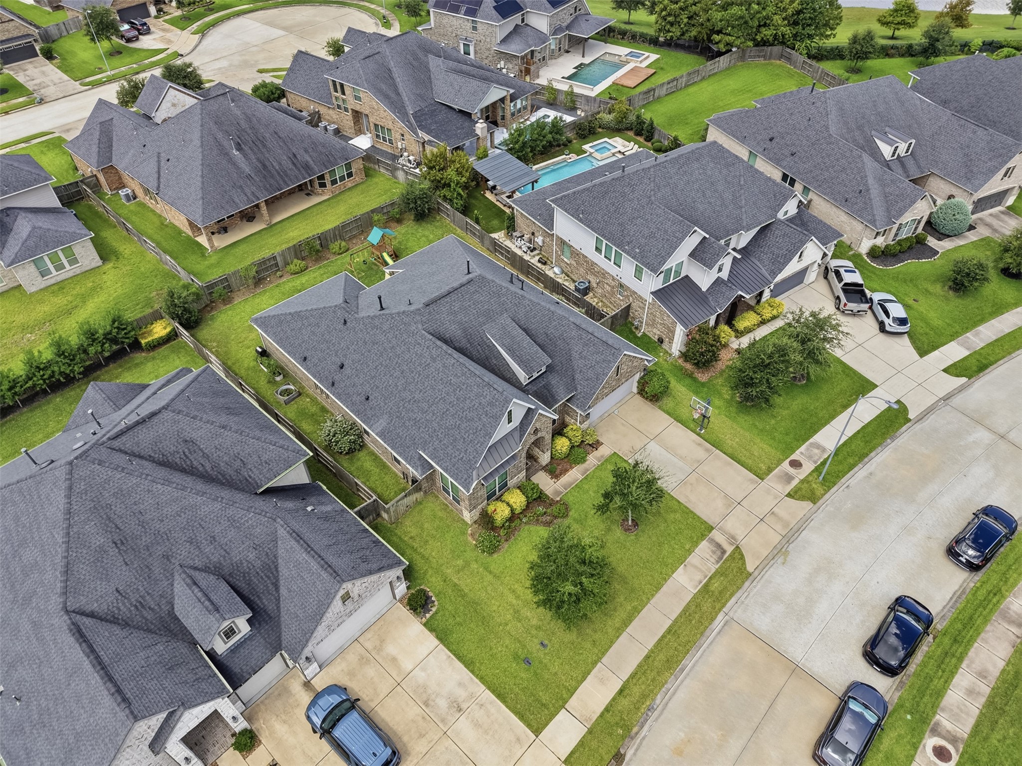 Aerial view highlighting the generous backyard space.