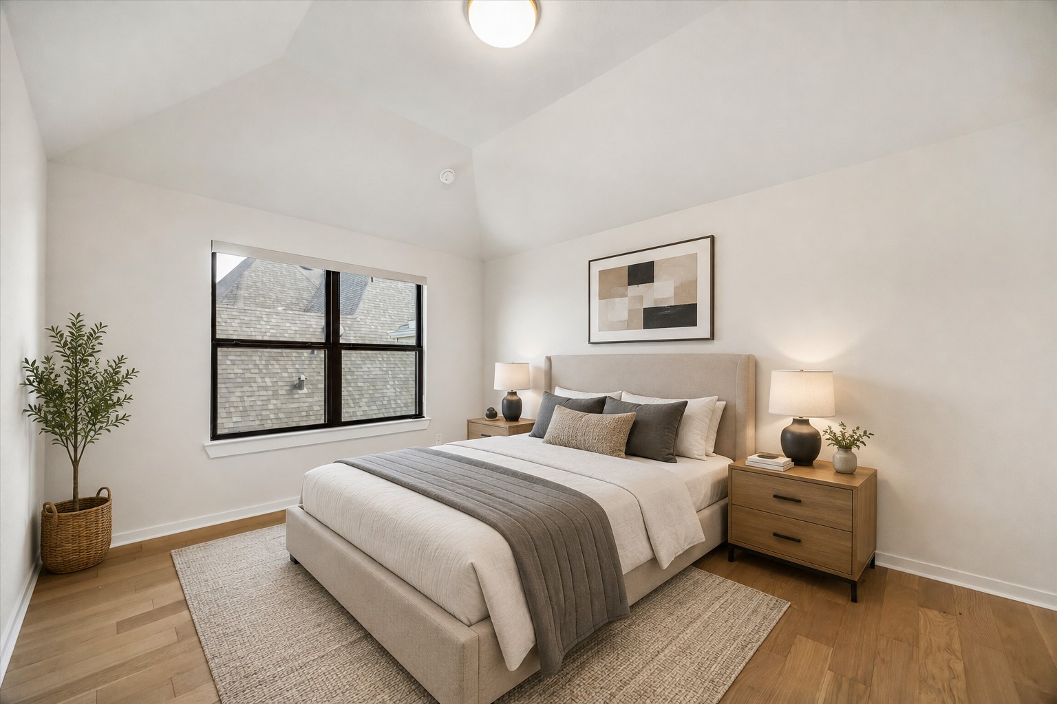 BEDROOM 4 FEATURES A VAULTED CEILING, WOOD FLOORING, AND A LARGE BLACK-FRAMED WINDOW THAT BRINGS IN NATURAL LIGHT.  **Virtually Staged.