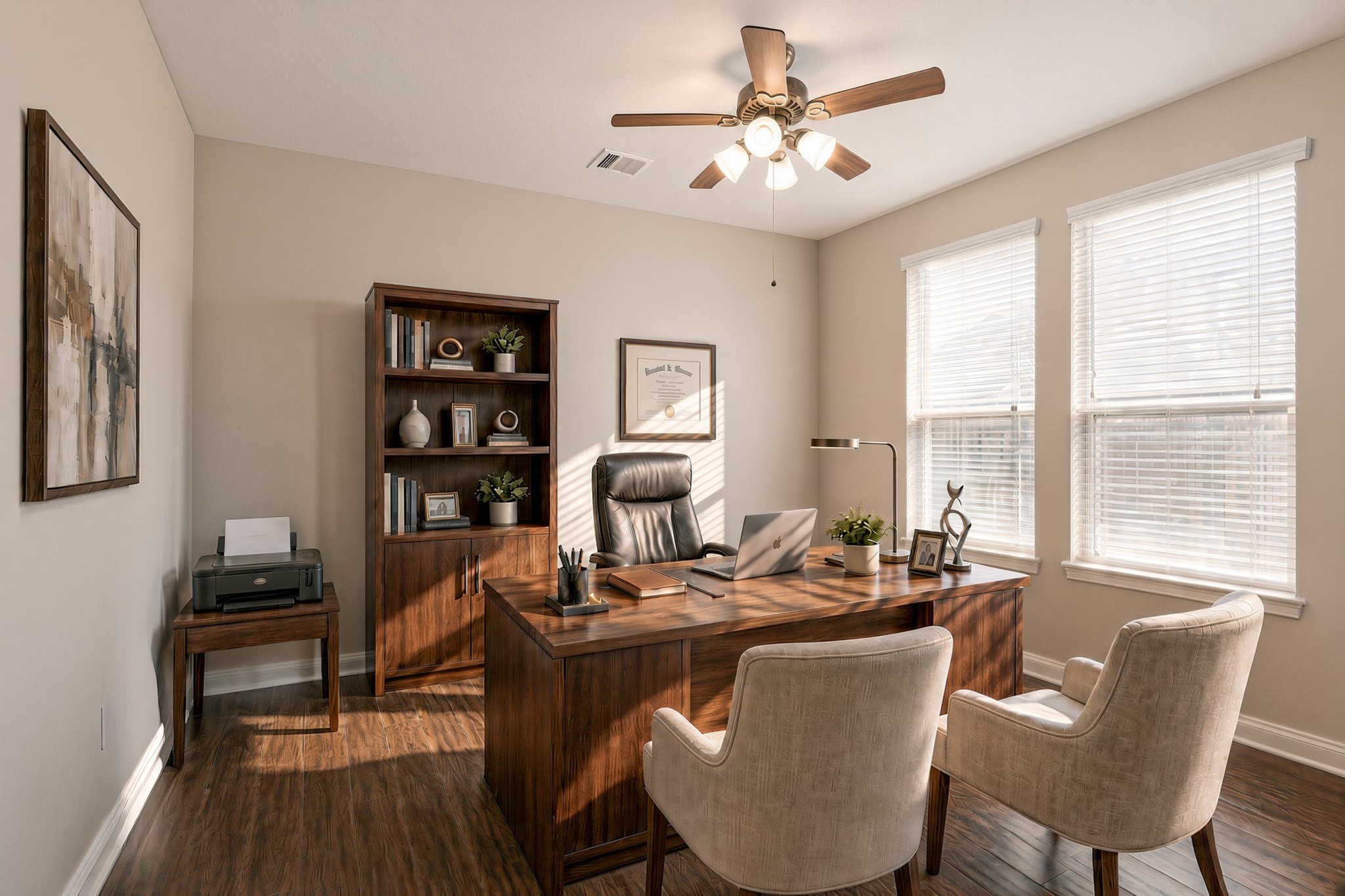 A private study off the entry offers mahogany wood tile, generous window light, and enough footprint for a desk, seating, and full-height shelving. A closet and full bath just outside the doors let it double as a flex room or fifth bedroom.
