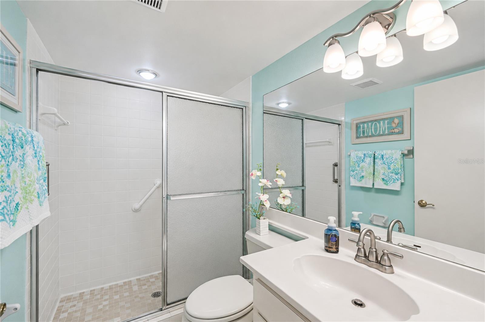Primary bathroom with walk in shower with safty bars