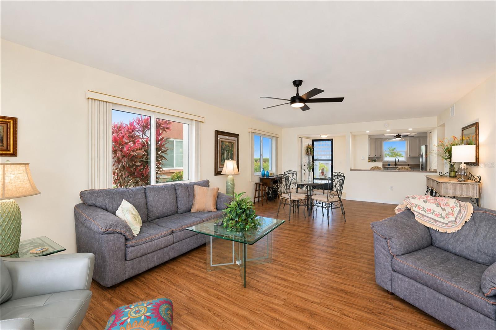 Back inside the entertaining area featuring the planking flooring