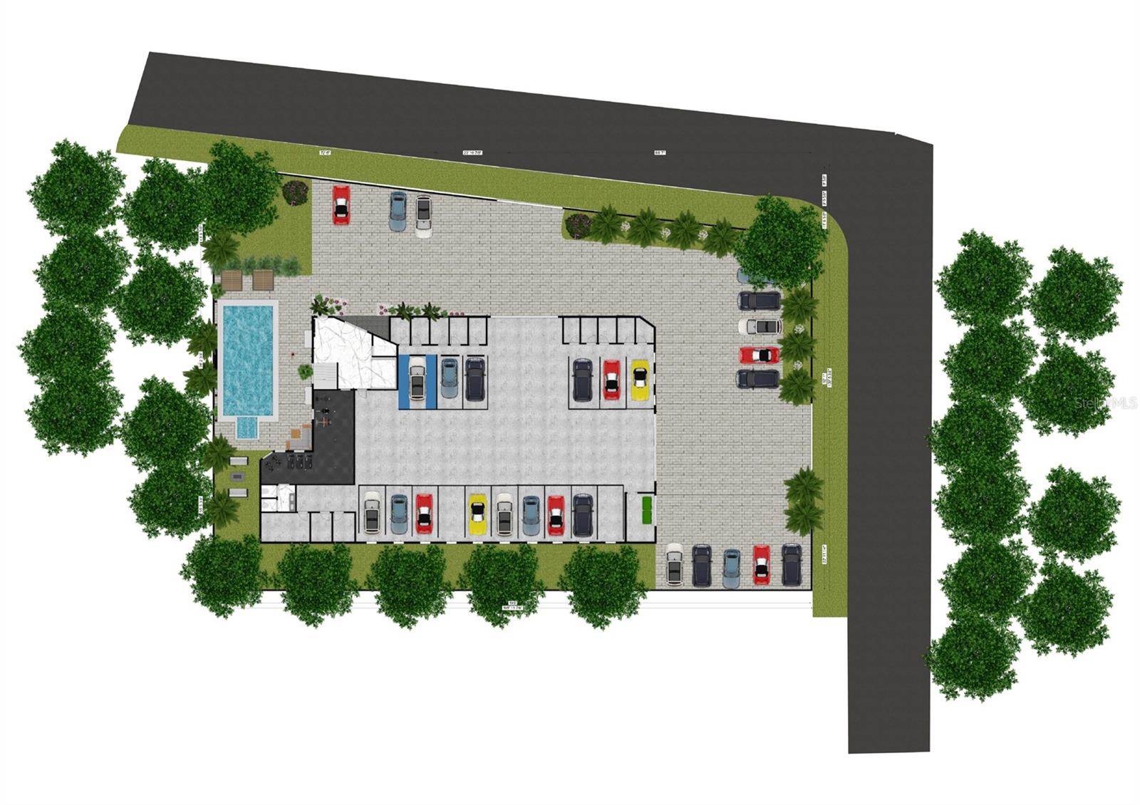 Aerial site plan rendering showing building footprint, parking and pool Aerial site plan rendering showing building footprint, parking and pool
