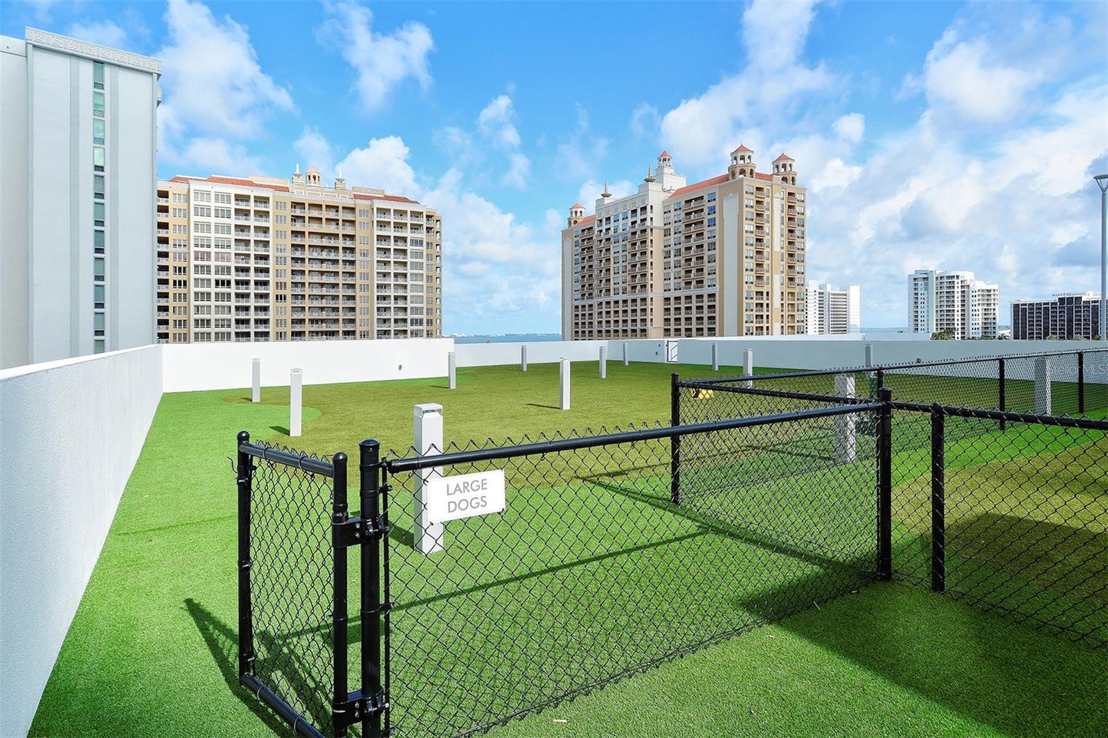 The rooftop dog park offers spectacular panoramic views, giving your four-legged residents a view to rival the best in the building.