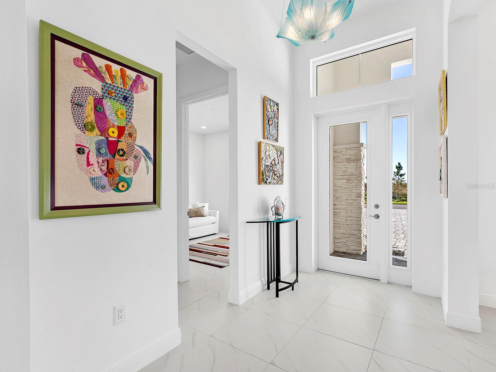Tray ceiling and artistic light fixture