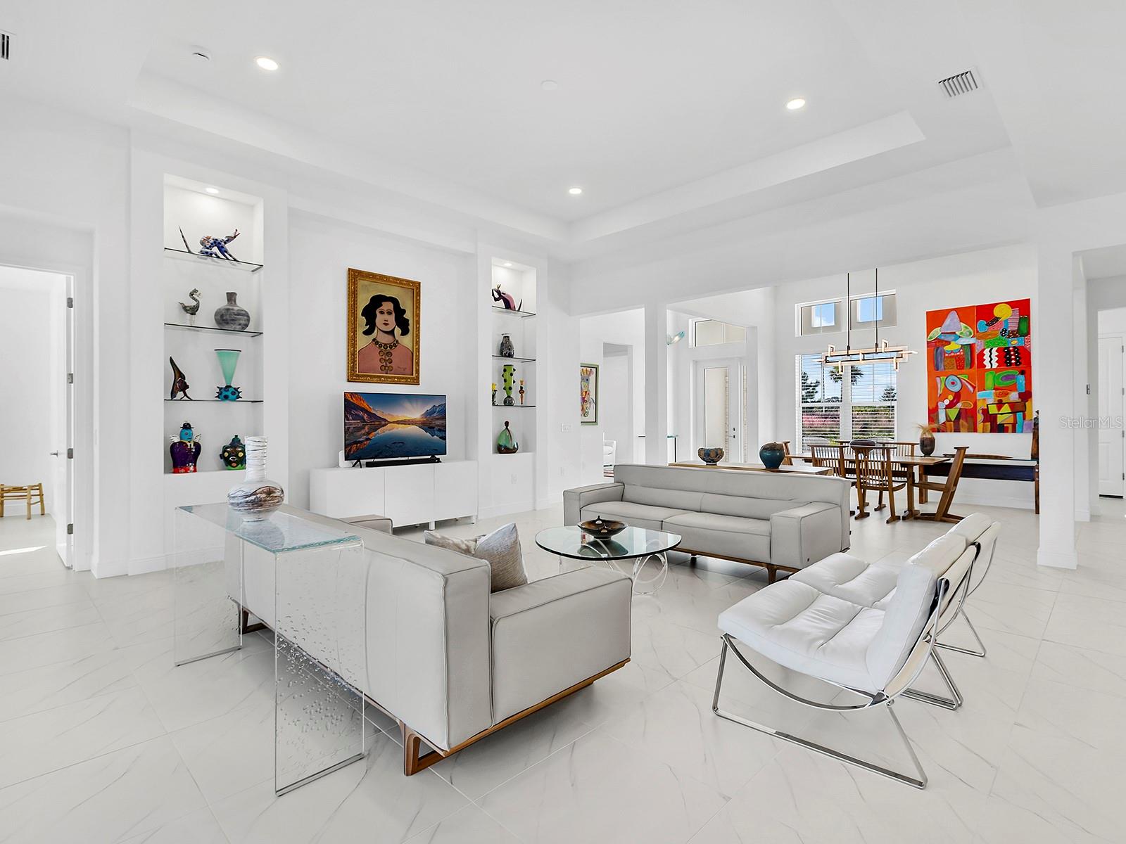 Marble-look, matte, porcelain tile flooring