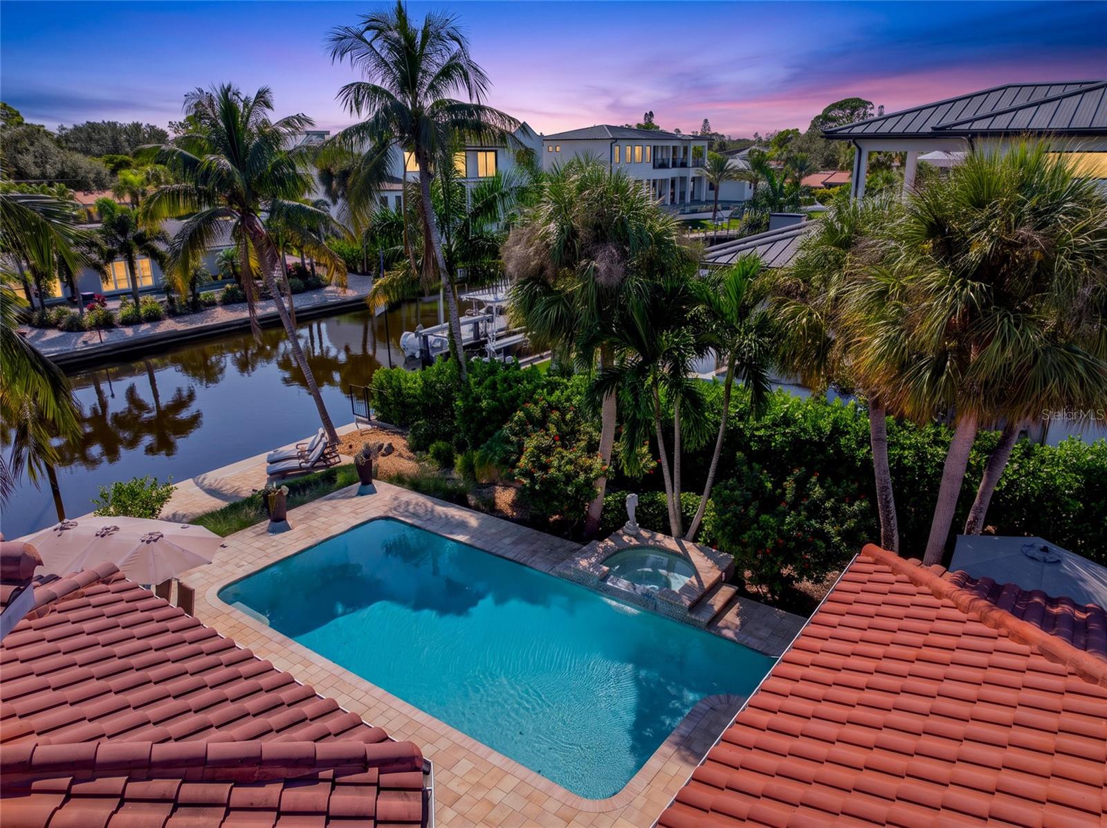 Pool Aerial Twilight, creating an inviting setting for relaxing and entertaining.