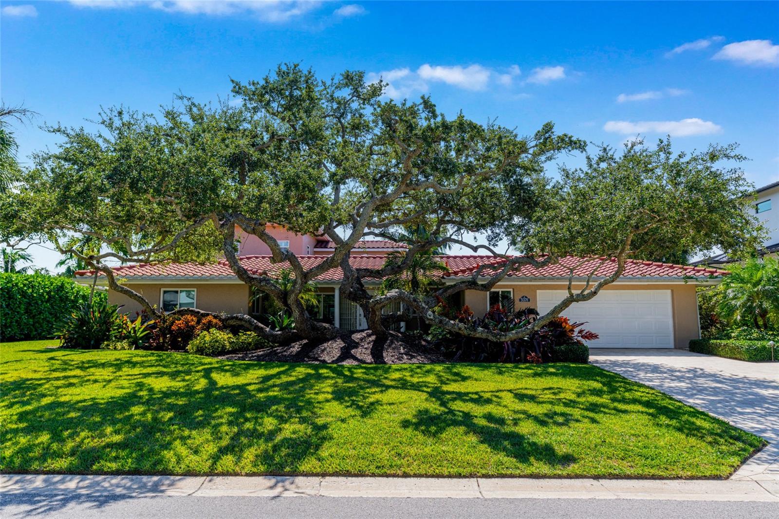 Welcoming front exterior of 5376 Shadow Lawn Drive framed by mature trees, tropical landscaping and a paver driveway.