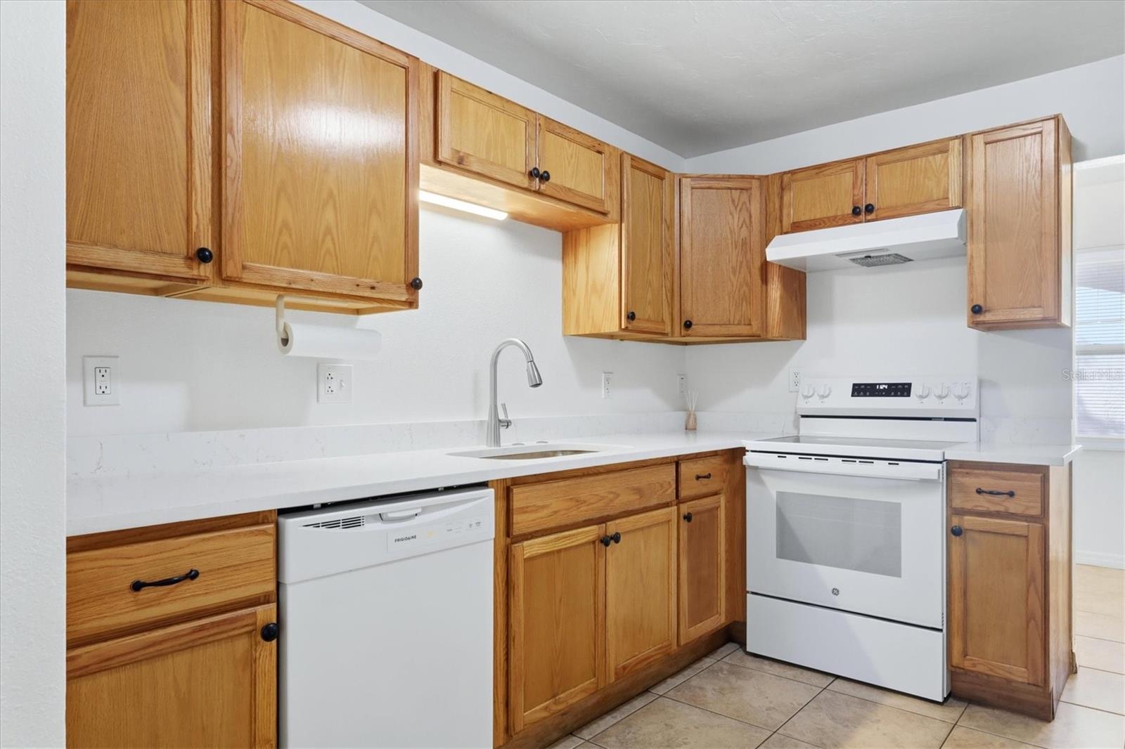 Wood cabinets.