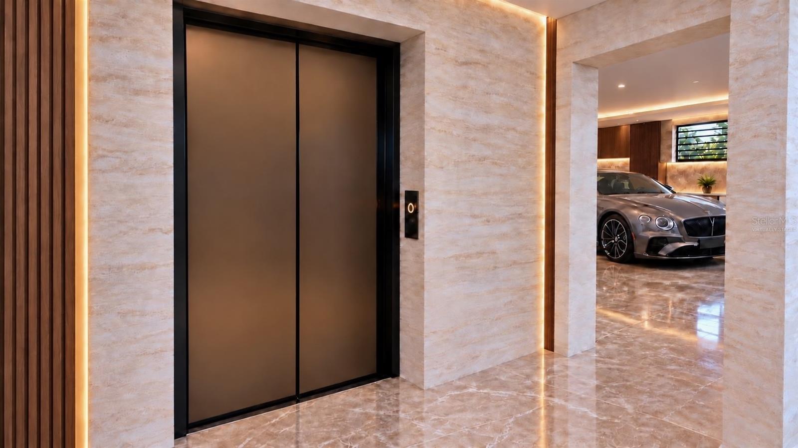 Elevator from ground floor to main floor. Virtually staged.