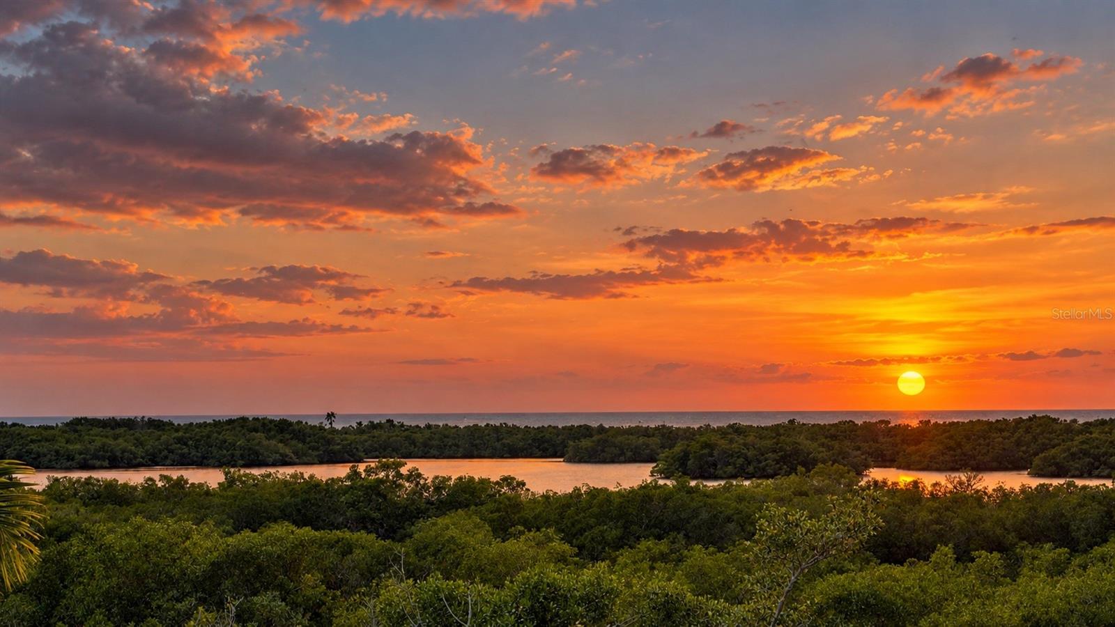Panoramic rooftop views provide a spectacular vantage point for sunsets over Little Sarasota Bay.