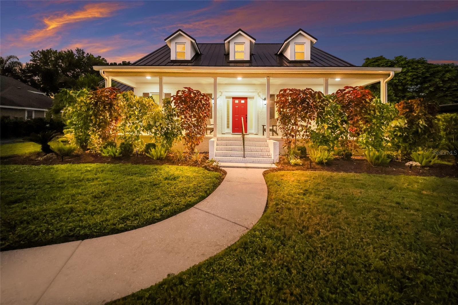 Front view at twilight.