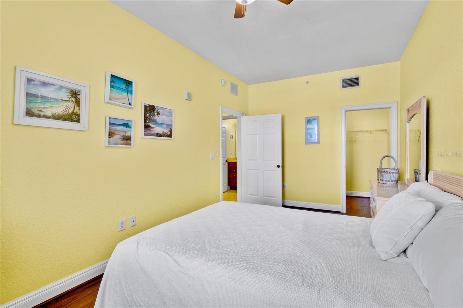 This guest room has a walk-in closet.