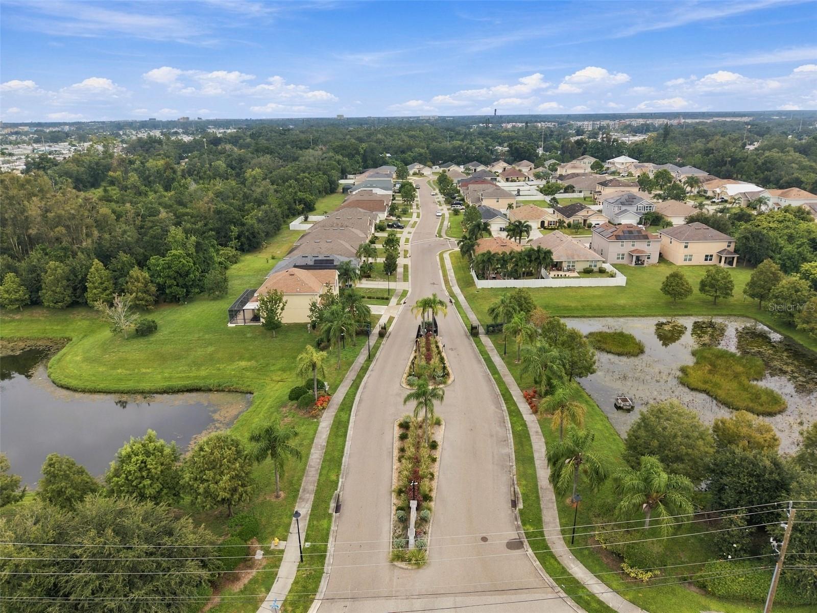 Aerial view of gated entry to community
