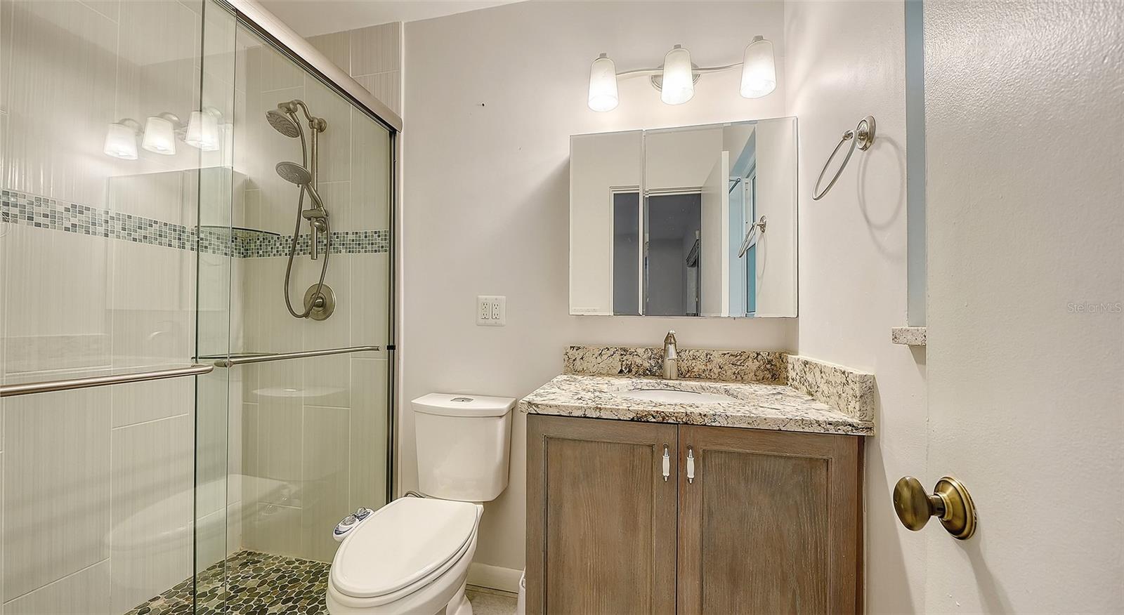 A bathroom with a glass-enclosed shower and generous vanity.