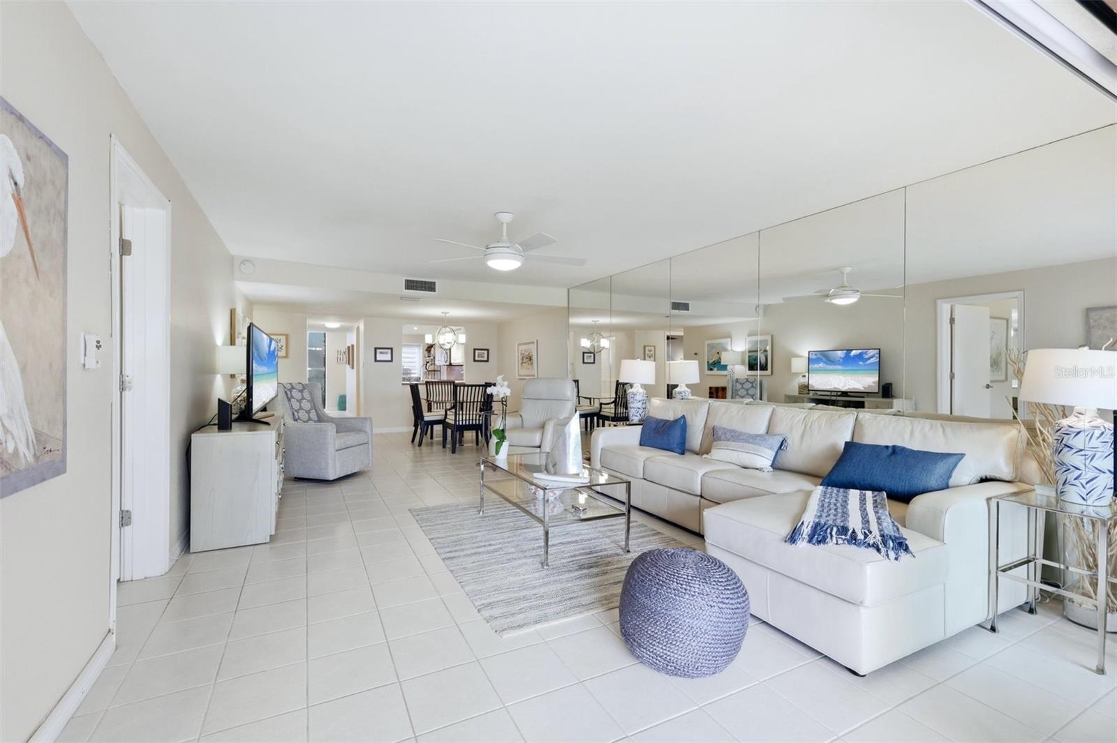 Large living room with water views