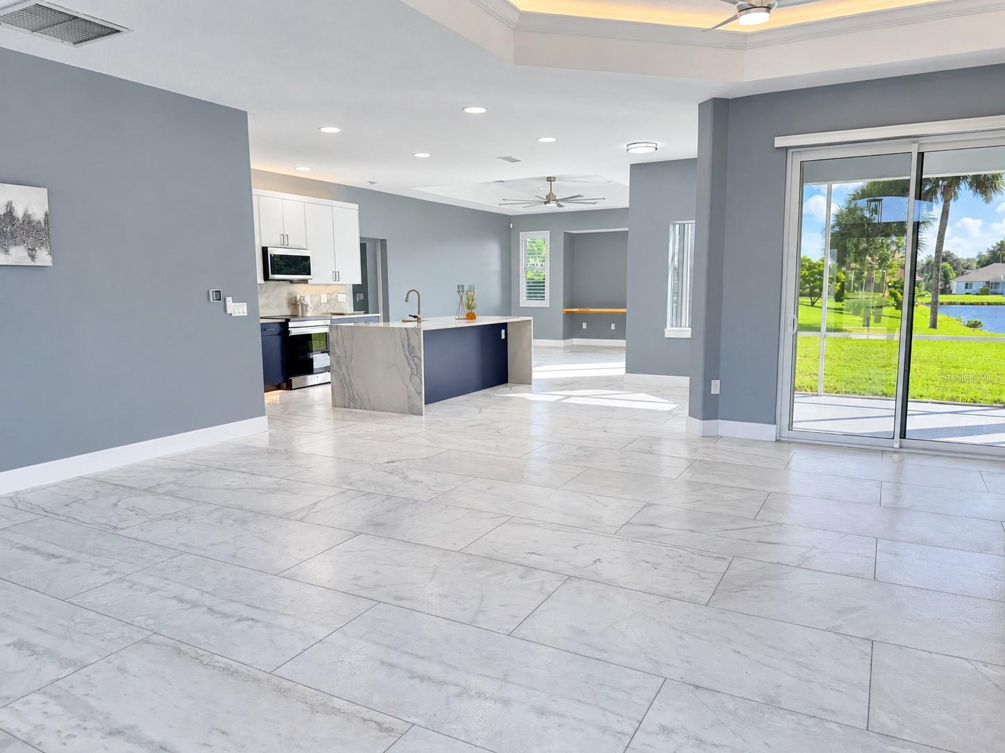 Walking through the front door.