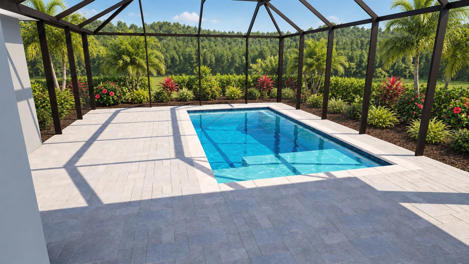 ARTIST'S CONCEPTUAL RENDERING  FOR ILLUSTRATION PURPOSES ONLY. Pool, decking, and screen enclosure are proposed improvements and do not currently exist on the property. Pool is not included in the sale. Actual design, dimensions, placement, construction, and feasibility are subject to permitting, setbacks, HOA approval, and applicable regulations.ARTIST'S CONCEPTUAL RENDERING  FOR ILLUSTRATION PURPOSES ONLY. Pool, decking, and screen enclosure are proposed improvements and do not currently exist on the property. Pool is not included in the sale. Actual design, dimensions, placement, construction, and feasibility are subject to permitting, setbacks, HOA approval, and applicable regulations. Created by Nelson Pool Company