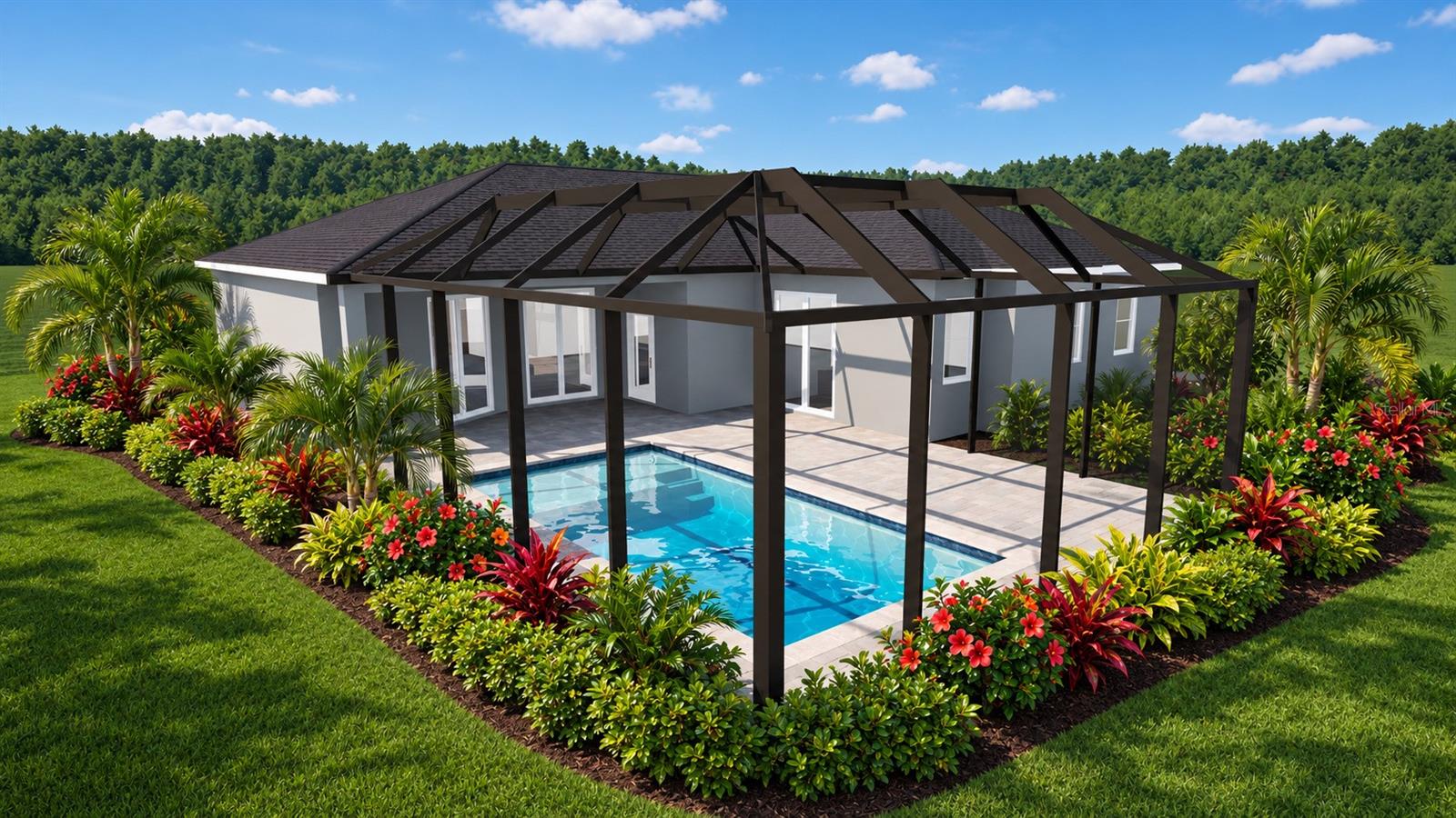 ARTIST'S CONCEPTUAL RENDERING  FOR ILLUSTRATION PURPOSES ONLY. Pool, decking, and screen enclosure are proposed improvements and do not currently exist on the property. Pool is not included in the sale. Actual design, dimensions, placement, construction, and feasibility are subject to permitting, setbacks, HOA approval, and applicable regulations. Created by Nelson Pool Company