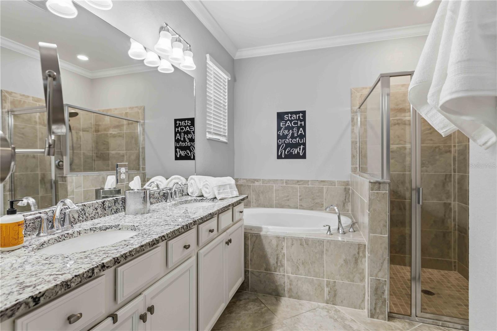 Double sink vanity, Garden Tub, Walk-in Shower and Water Closet