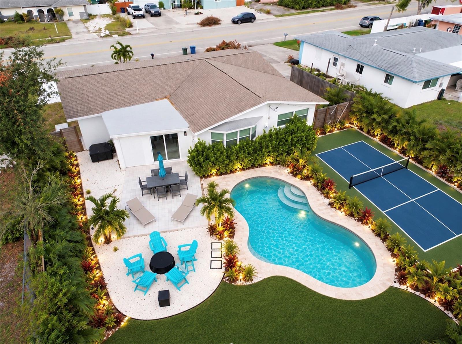 Virtually staged pool and pickle ball court