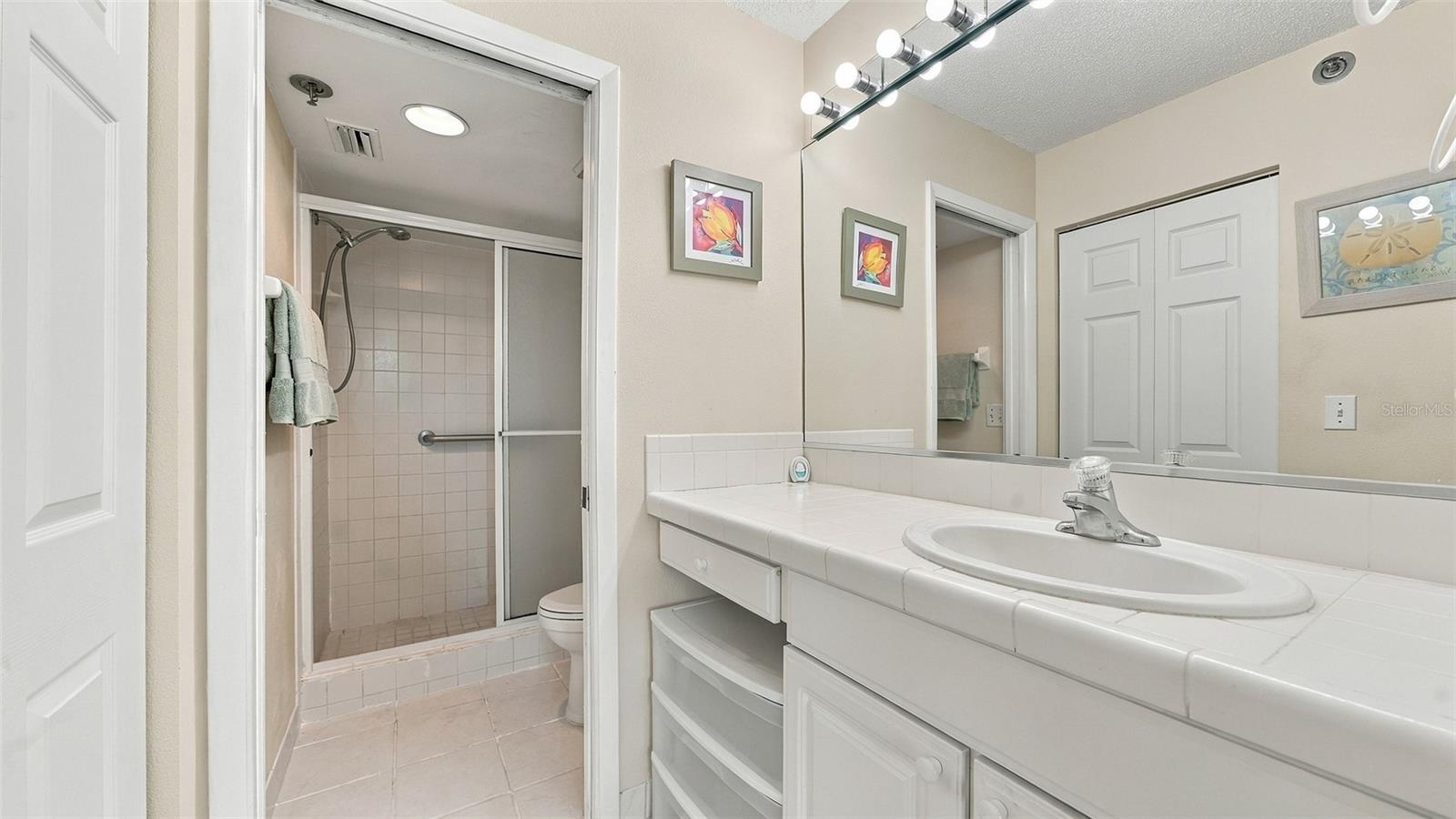 Primary Bathroom - Pocket door divides toilet and walk-in shower from vanity area