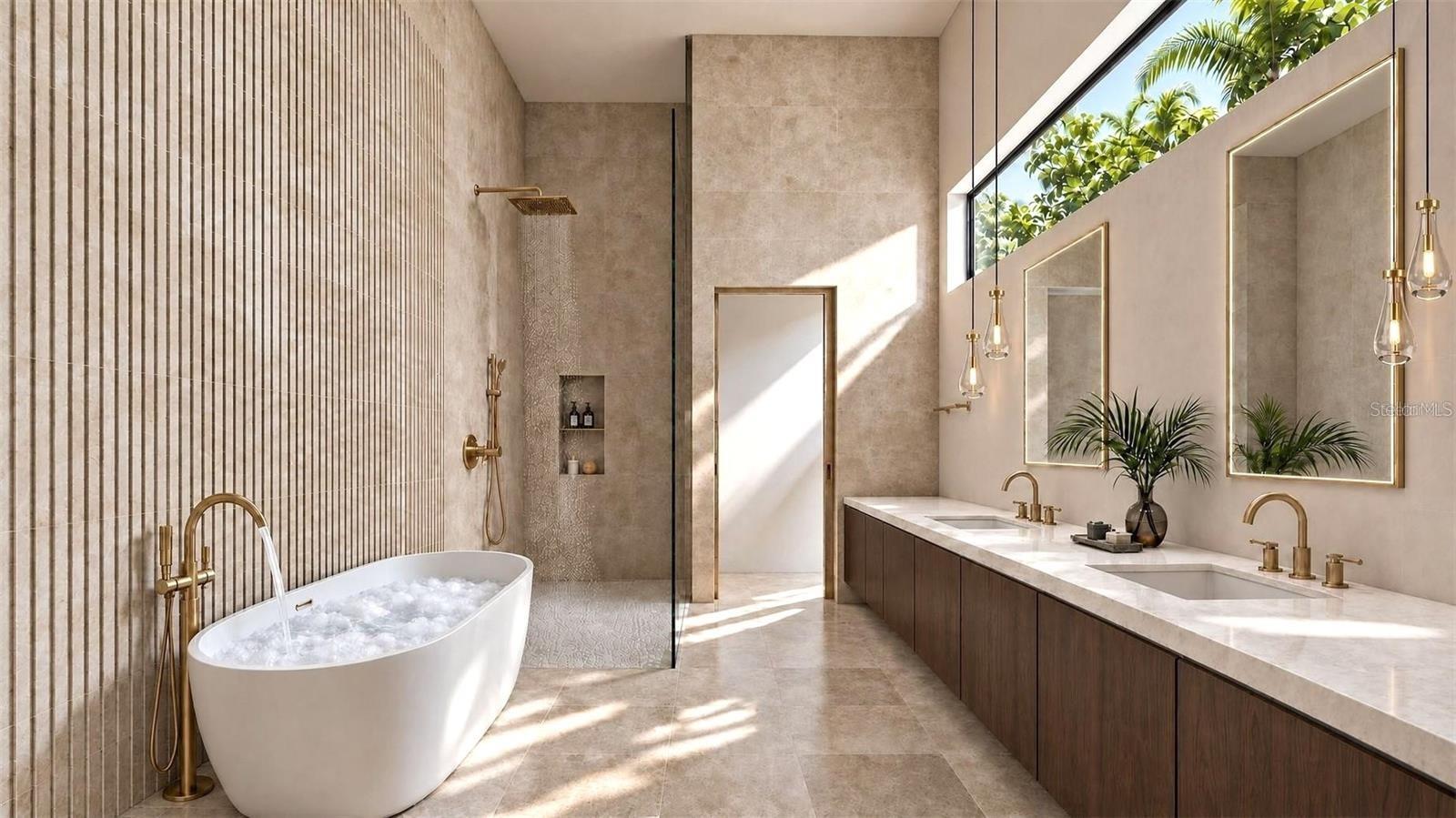 Primary bathroom, with virtual staging.