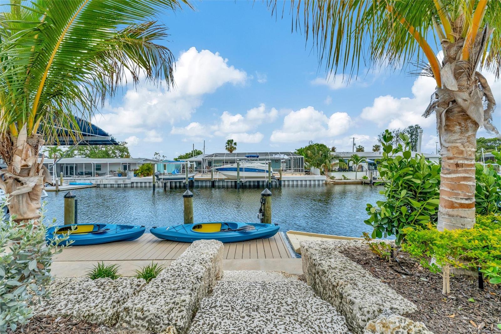 Underwater and above-water dock lighting enhances the waterfront ambiance.