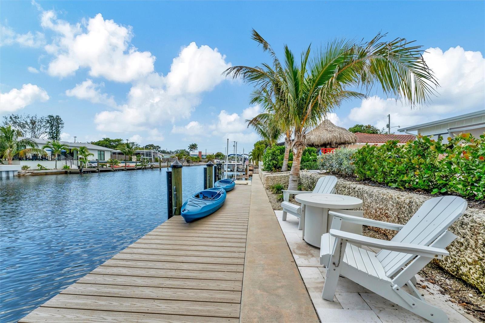 Underwater and above-water dock lighting enhances the waterfront ambiance.