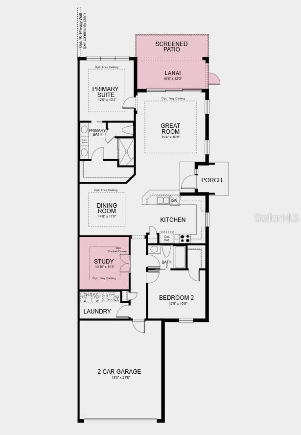 Floor Plan - Additional Highlights Include: Tray ceilings, double pocket doors at study, 8' interior doors, garden fence, pre-plumb for future laundry sink and whole house impact windows