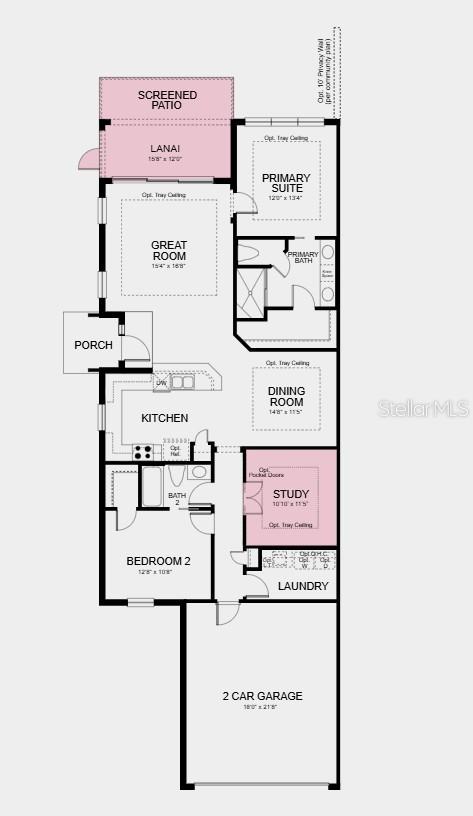 Floor Plan - Additional Highlights Include: Laundry package, GE refrigerator, pendant light package at kitchen, tray ceiling package, double pocket doors at study, 8' interior doors, pre-plumb sink at laundry, and whole house impact windows