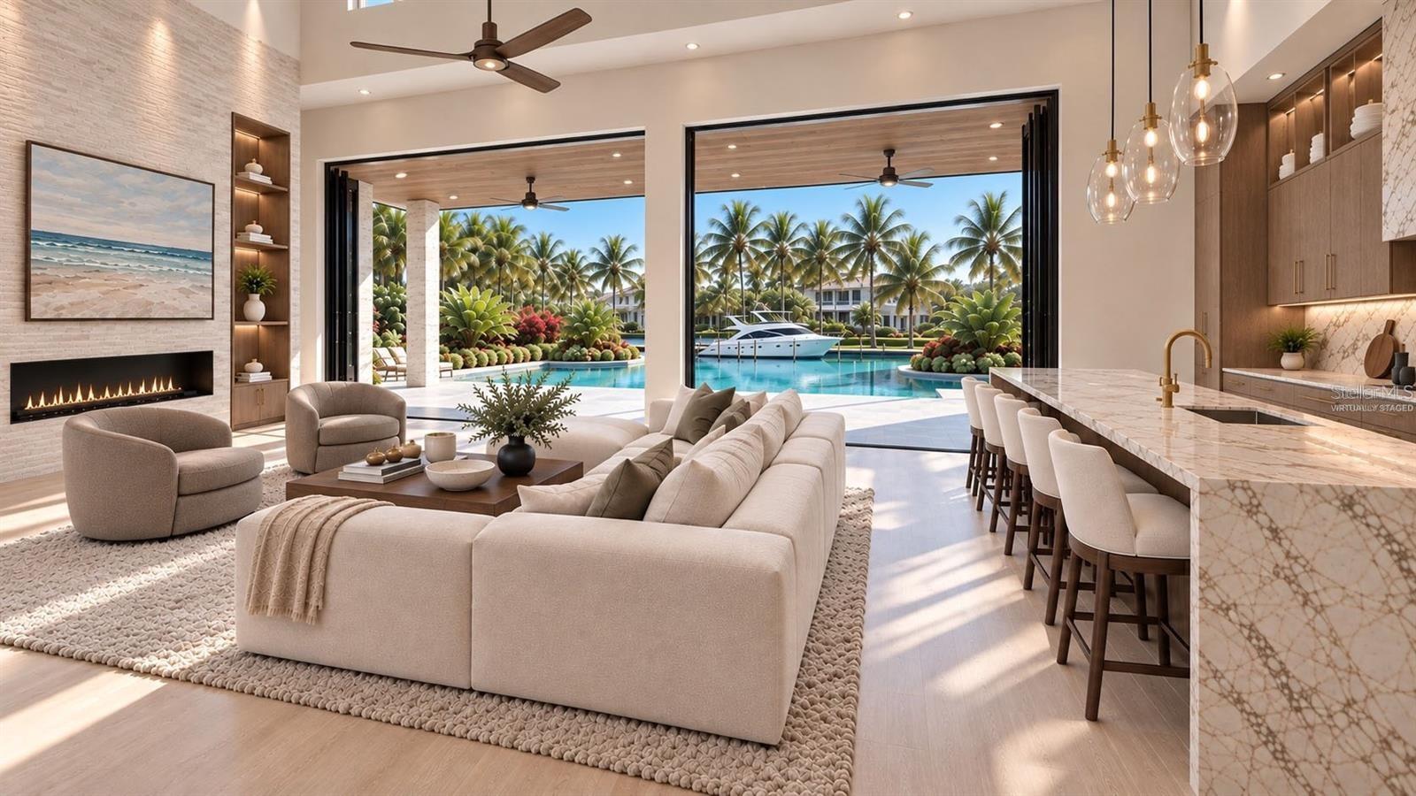 Living room and kitchen, with canal view. Virtually staged.