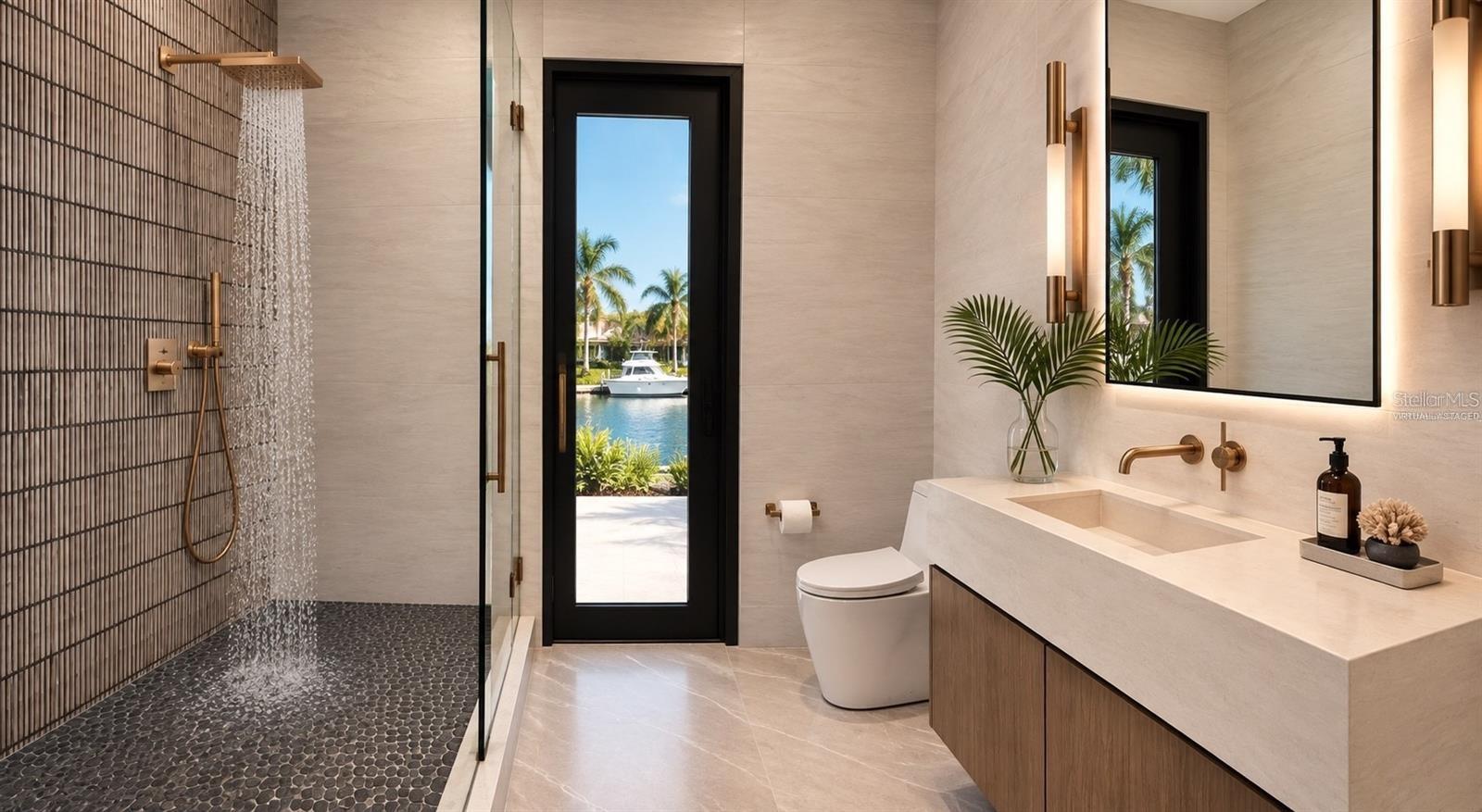 Full bathroom off of the pool deck. Virtually staged.