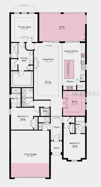 Floor Plan ~ Additional Highlights Include: Gourmet kitchen, waterfall edge counter at kitchen island, pendant light package at kitchen, 10' ceilings, tray ceiling package, 4' garage extension, 8' interior doors, interior door at primary closet to laundry, outdoor kitchen rough-in, whole house impact windows, and personalized pool
