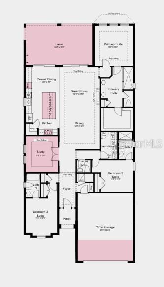 Floor Plan ~ Additional Highlights Include: 80 AMP pool/spa prewire, extended LVP throughout main living and primary bedroom and closet, kitchen pendant lights, prewire for TV on lanai, 4' garage extension, and interior door to laundry room from primary closet
