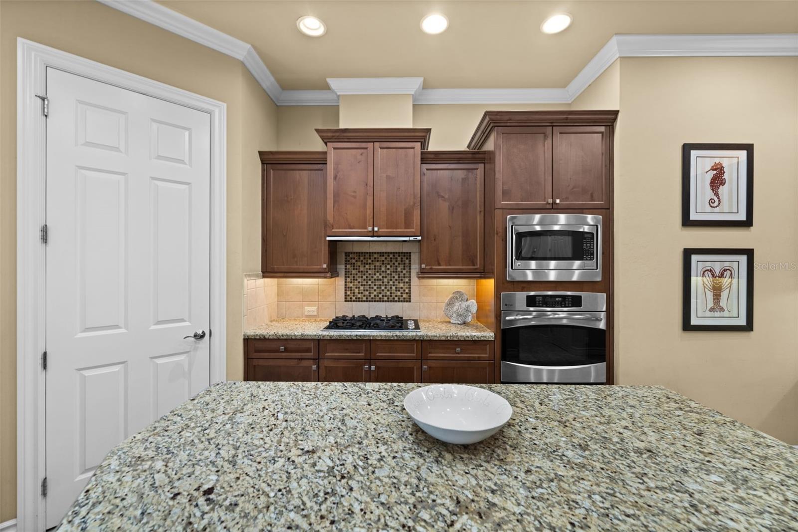 Looking toward the gas cooktop and built in wall oven