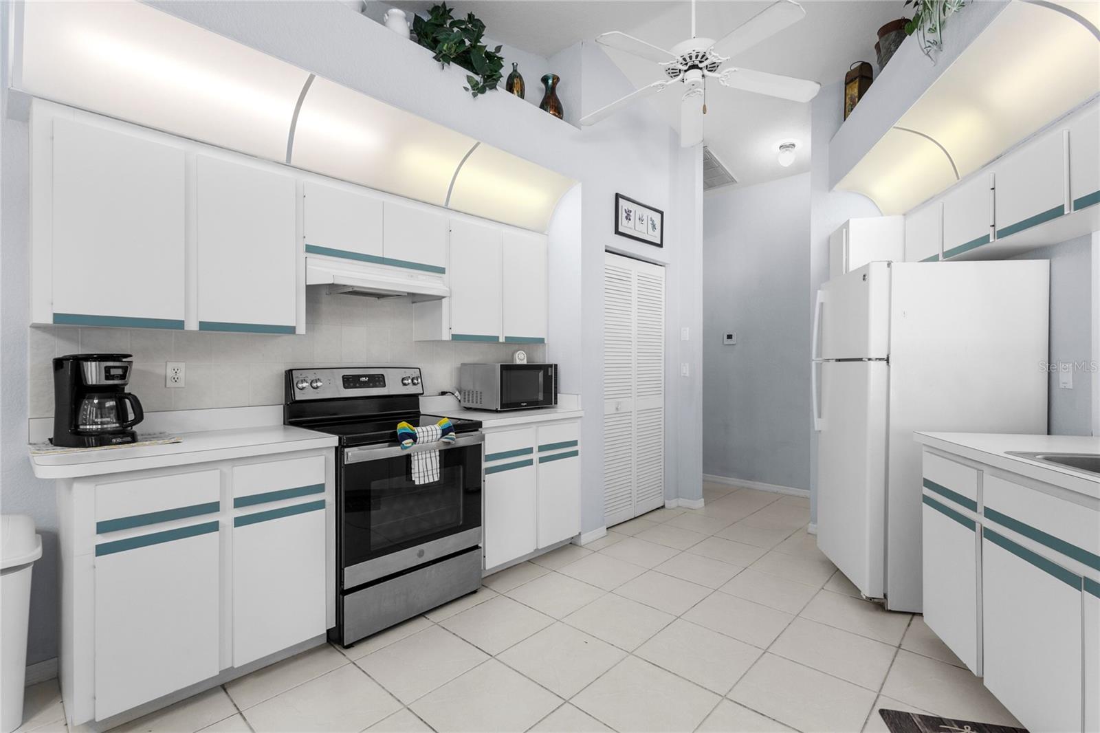 Large Kitchen with pantry and plant shelves.