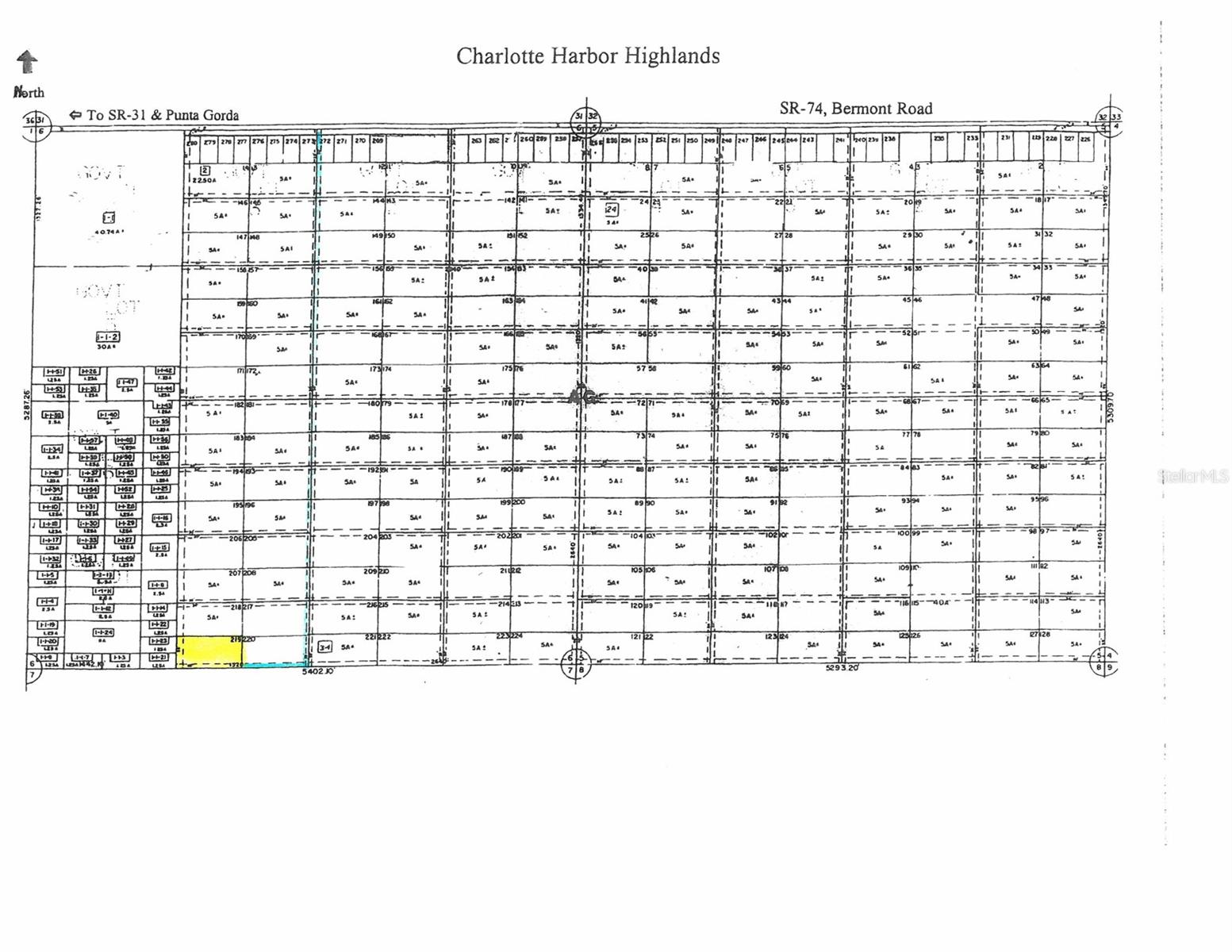 Two large tracts in upper left hand corner is the 70.74 acres located in Section #6 of Charlotte Harbor Highlands subdivision in easter Charlotte Co., FL.