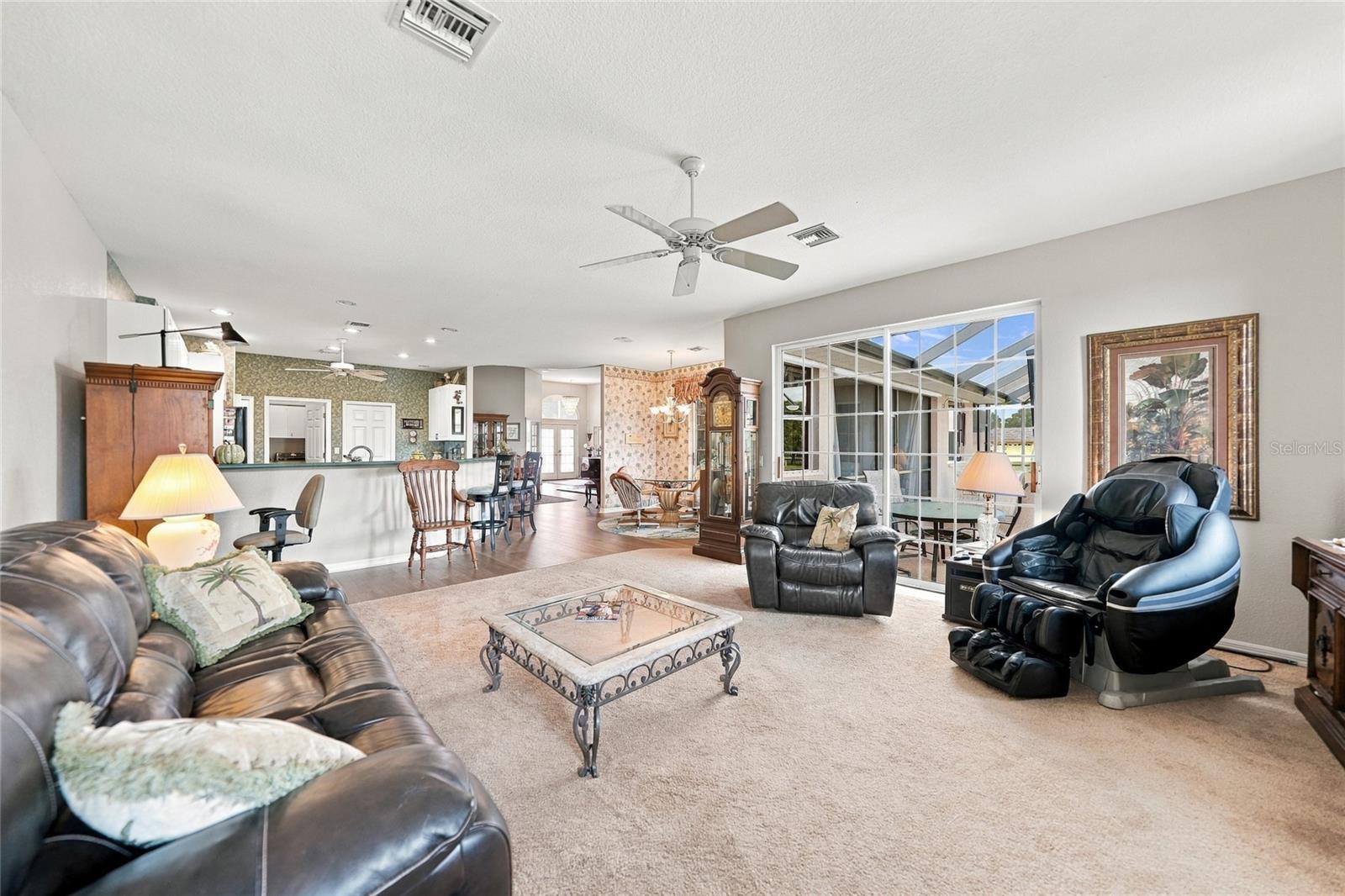 Family Room with New Carpet, Entrance to Pool