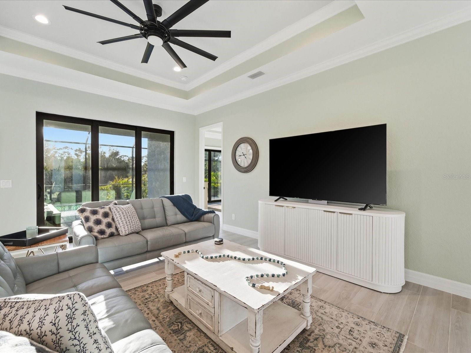 Living Room with lovely tray ceiling Living Room with lovely tray ceiling