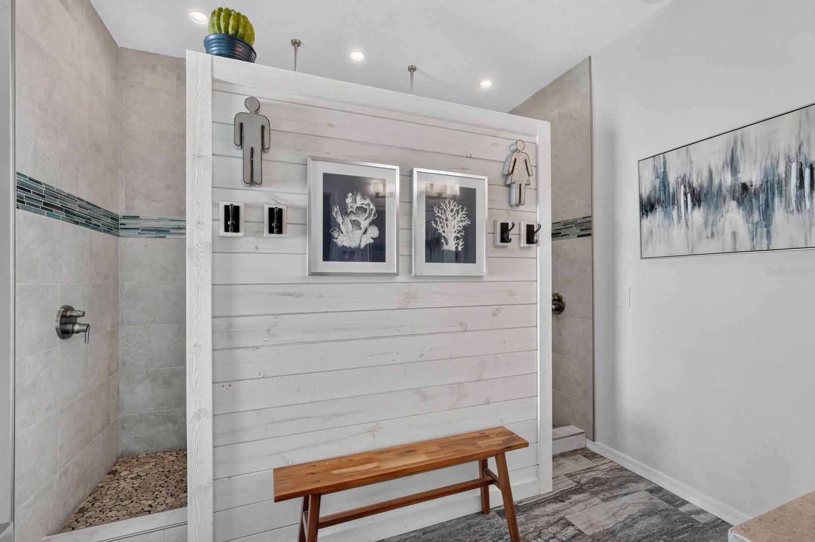Incredible custom walk in master shower with dual shower faucets and rain showers
