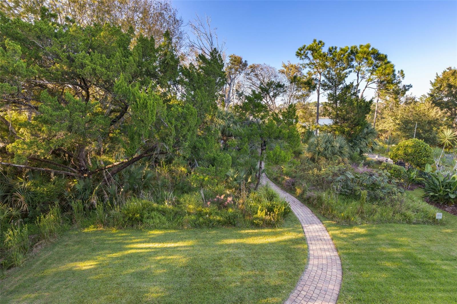 Winding paver walkway through natural greenery leading toward Emerald Lake.