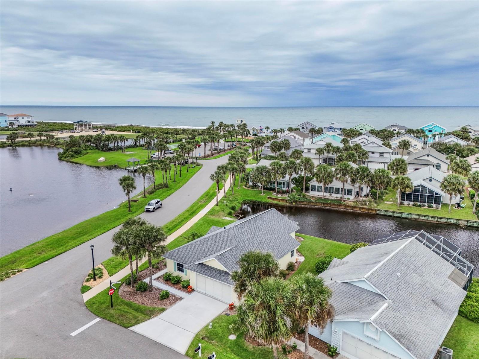 View of county park with look out tower for whales and dolphins. Walking and bike paths around lake-Fish at lake or ocean.