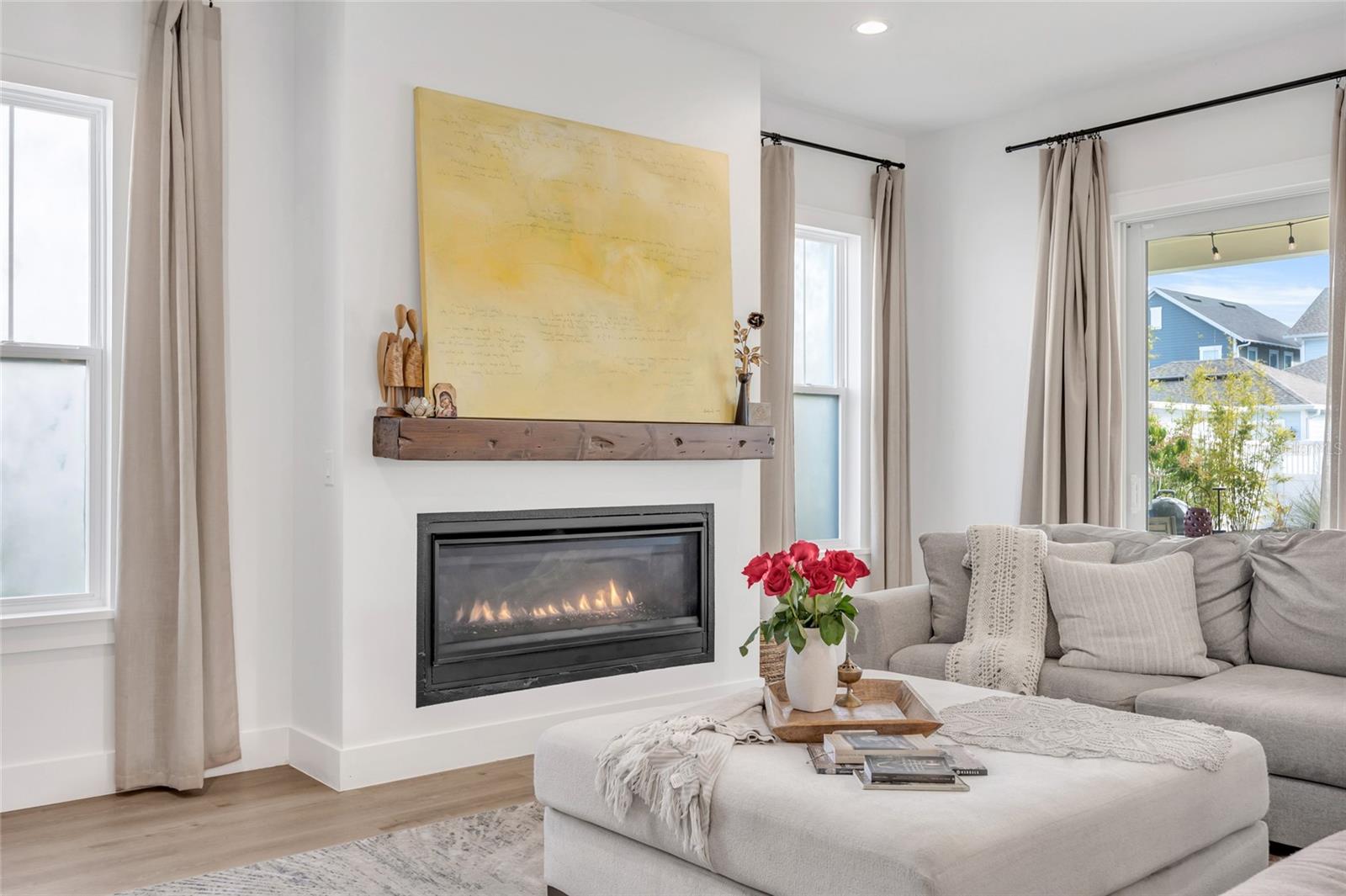 Gas fireplace, abundant natural light
