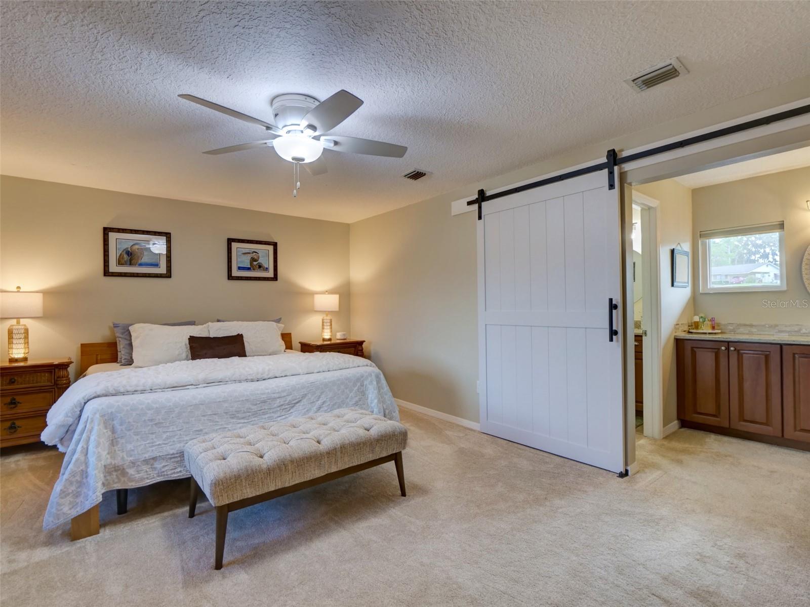 Primary Bedroom: Open Barn Door to the Bathroom