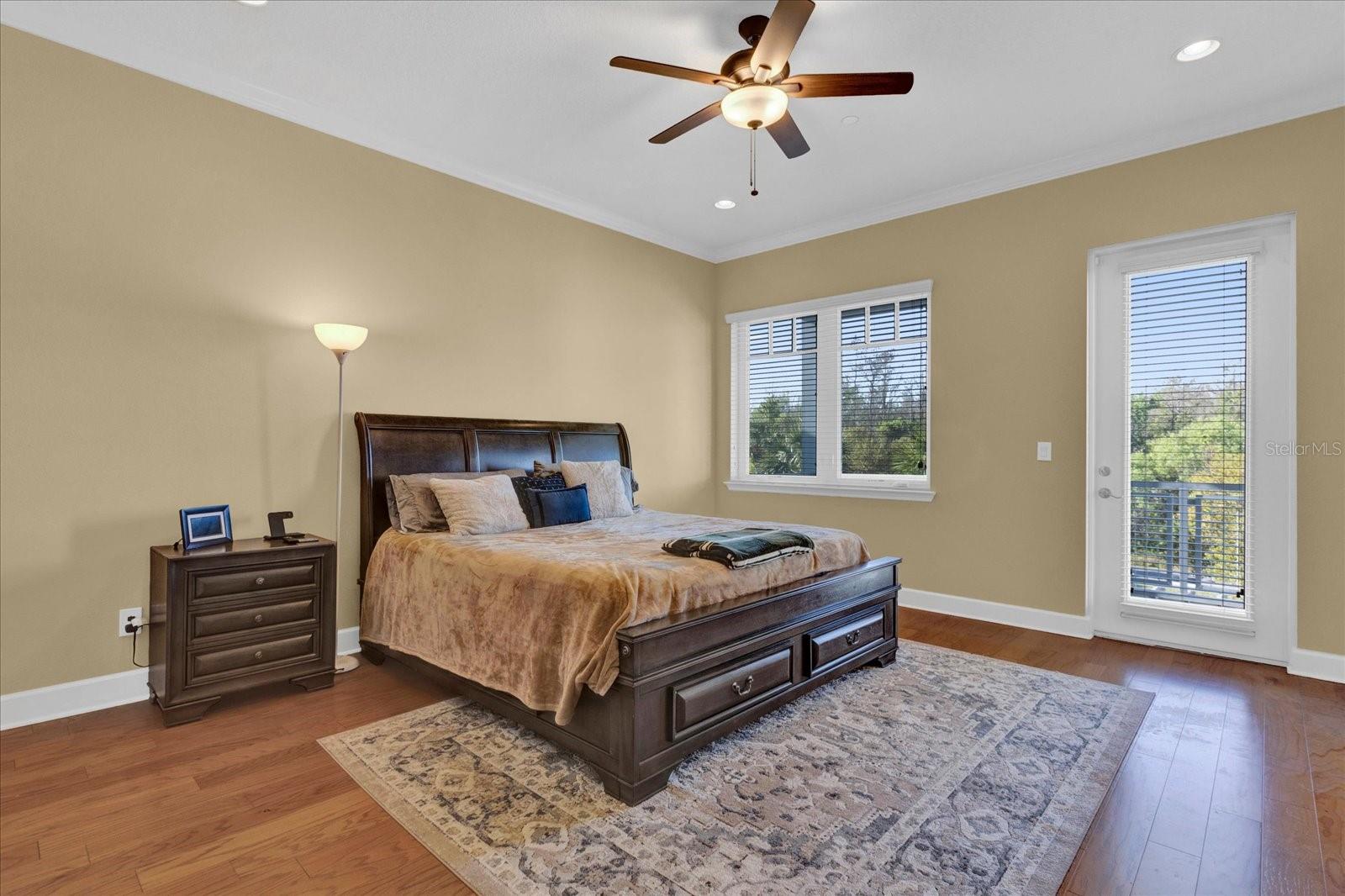Bright bedroom with ceiling fan and abundant natural light from dual windows.